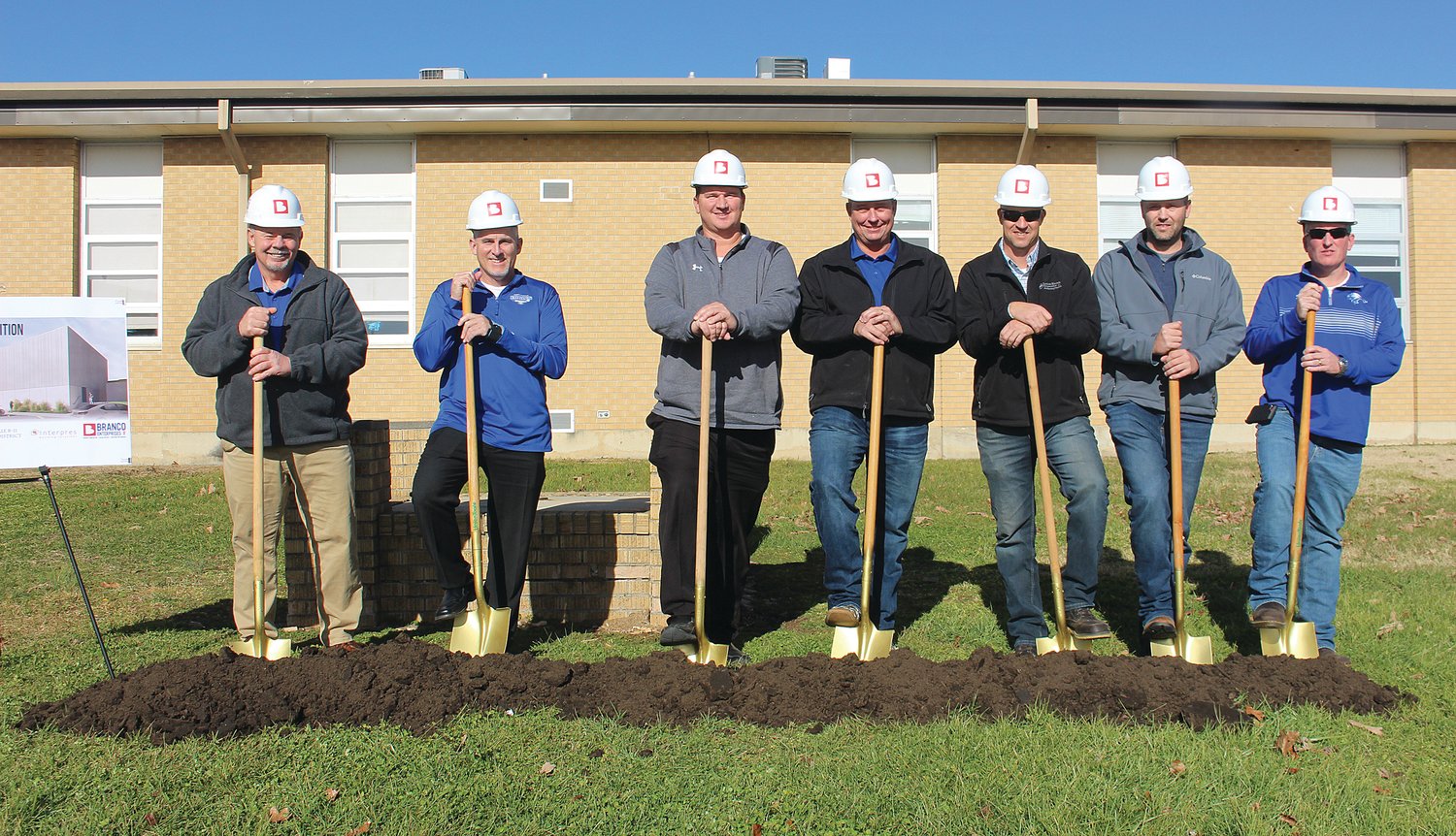 The Hartville R-II School District’s Board of Education and administrators, Superintendent Mark Piper and Principal Adam Cook, officially break ground with their gold shovels during a ceremony held on Dec. 20 for a new FEMA Project.